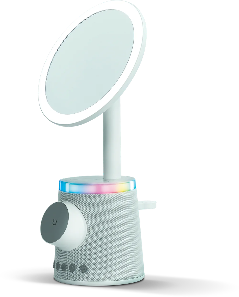 GlowBase mirror with a circular LED light, fabric speaker base, magnetic phone mount, and watch charging arm