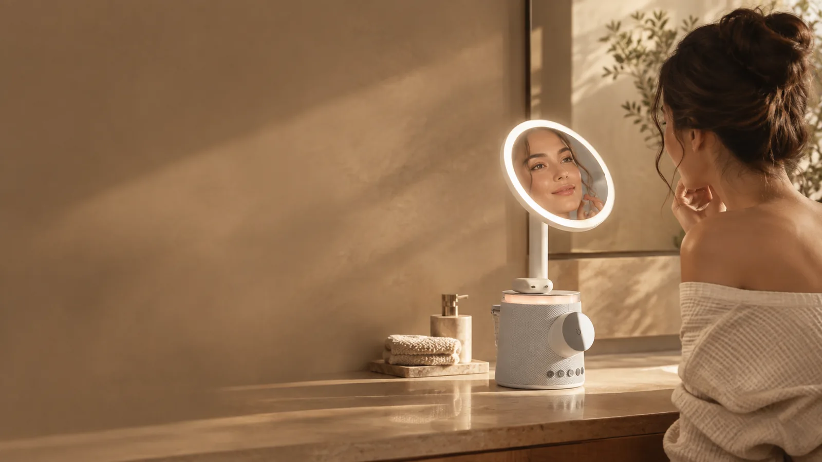 A woman getting ready with the illuminated GlowBase mirror on a warm, sunlit vanity